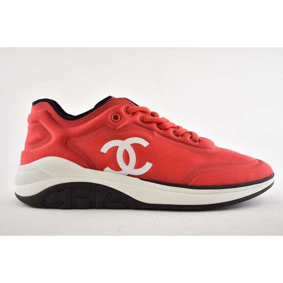 Chanel 19P Red Lycra White Black CC Logo Lace Up Low Top Trainer Sneaker 36.5 - Picture 1 of 11